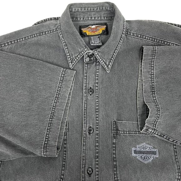 Harley-Davidson Gray Chambray Short Sleeve Button Down Shirt Logo - Mens Large - Picture 1 of 5
